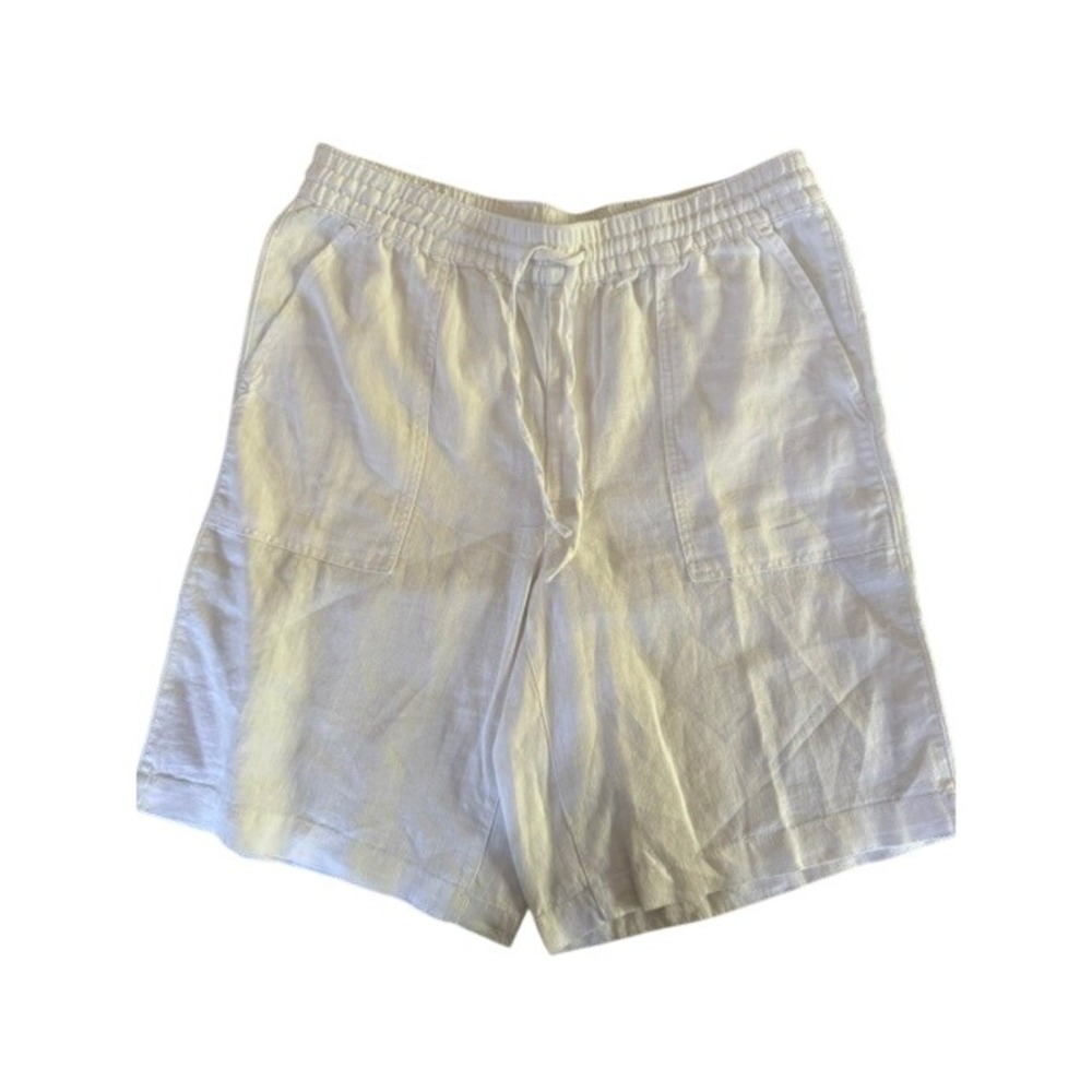 Lands End White 100% Linen High Rise Drawstring Shorts Womens Medium 10-12